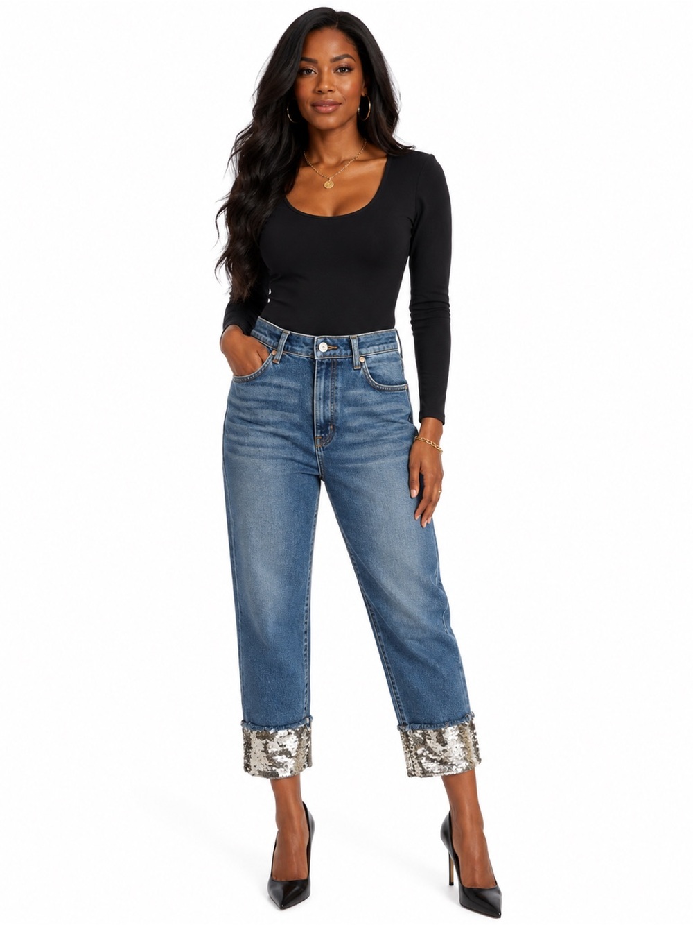7 for All Mankind Sequin Cuff High-Rise Jeans - 33